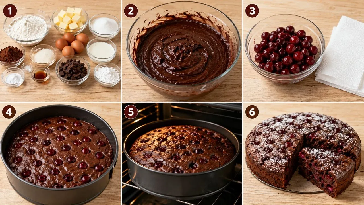 Schritt-für-Schritt Zubereitung für Schoko Kirsch Kuchen mit Schokoladenteig und Sauerkirschen.