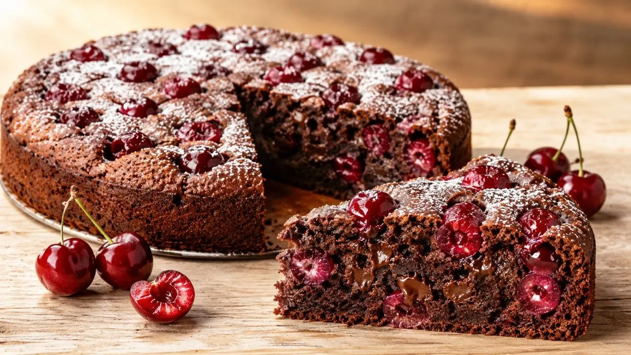 Saftiger Schoko Kirsch Kuchen mit dunkler Schokoladenkrume, saftigen Sauerkirschen und geschmolzener Schokolade.