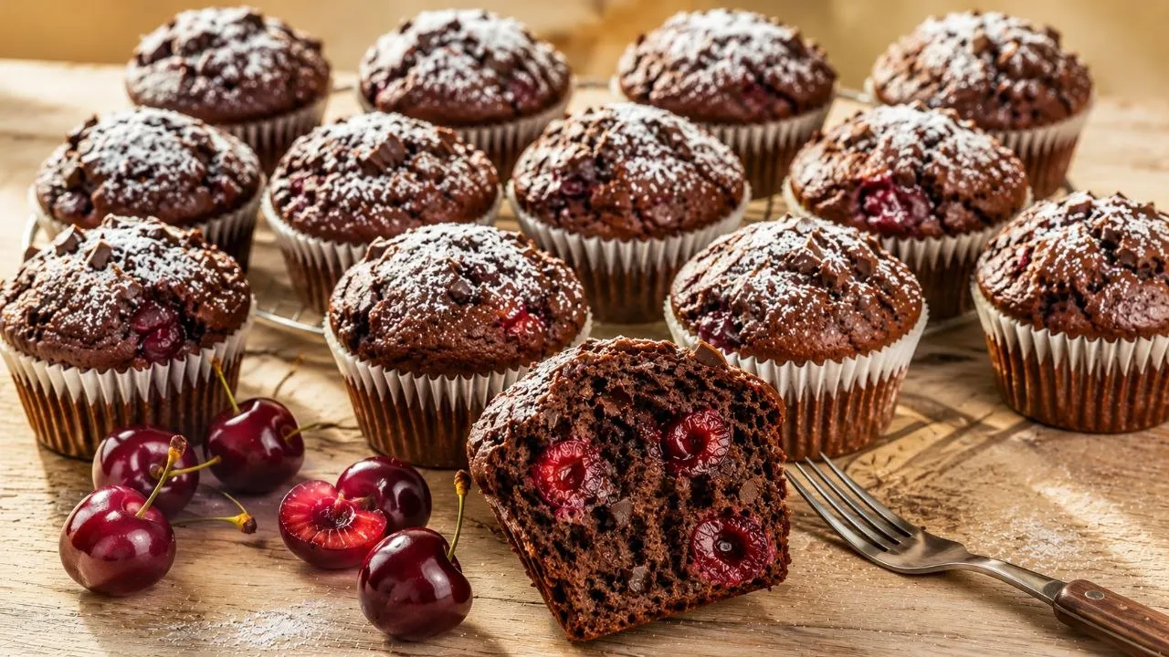 Schoko Kirsch Muffins mit saftiger Schokoladenkrume und Süßkirschen