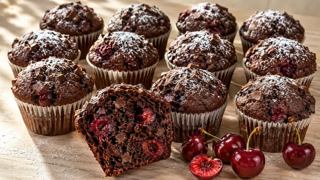 Saftige Schoko Kirsch Muffins mit Süßkirschen und Zartbitterschokolade