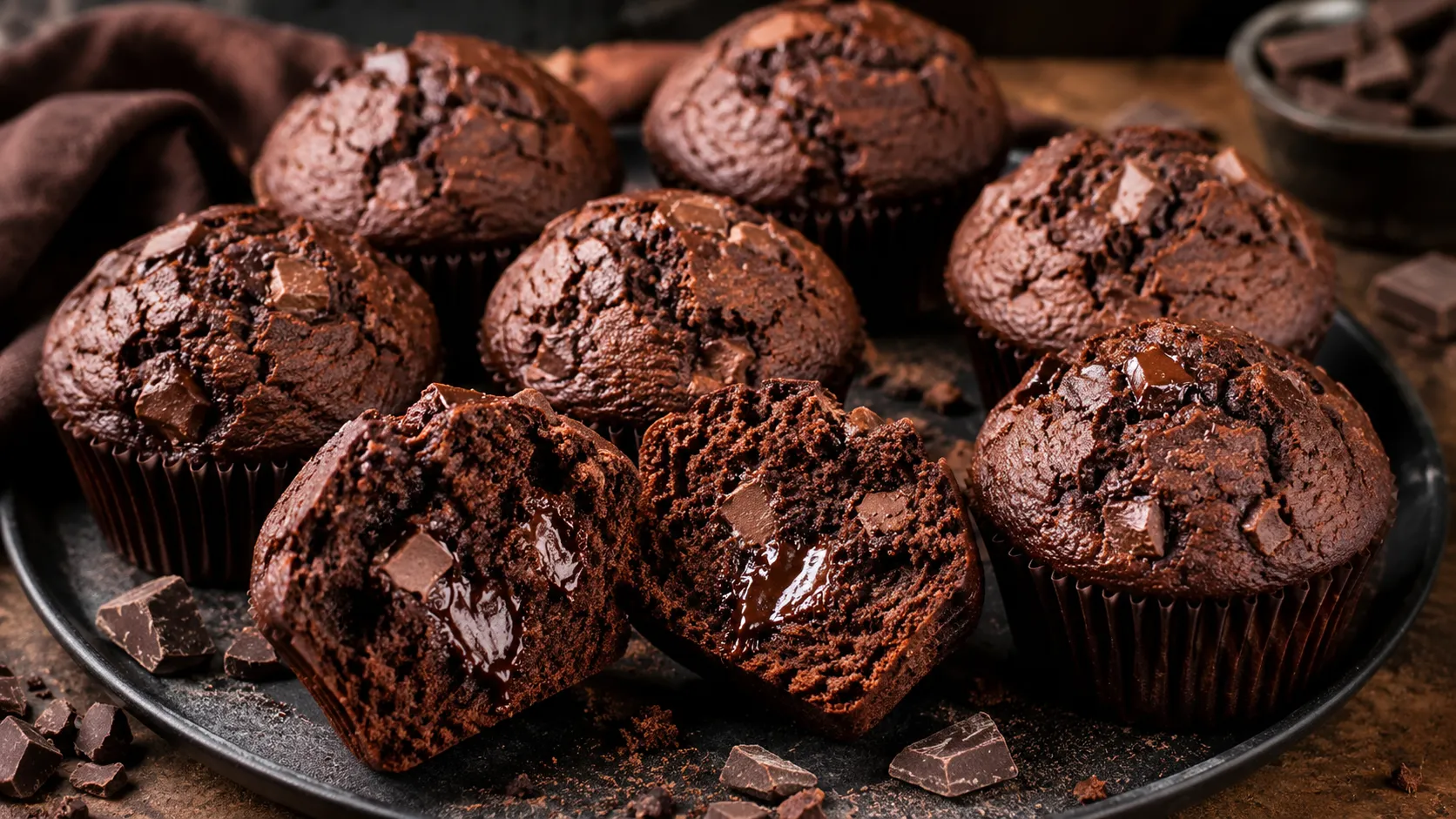 Saftige Schoko Muffins mit geschmolzener Schokolade und weicher Krume
