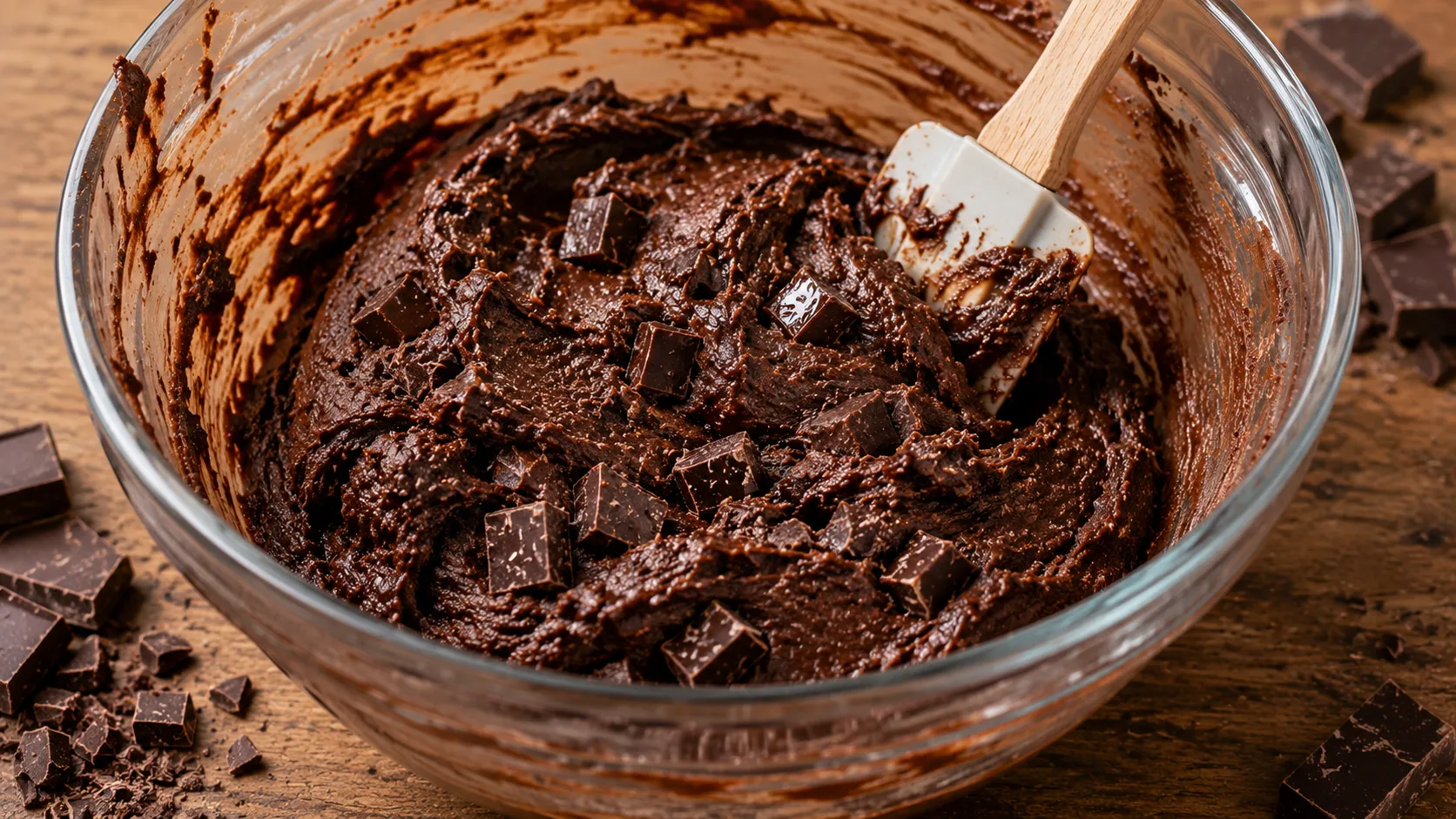 Dunkler Schoko Muffinteig mit großen Schokoladenstücken in einer Glasschüssel