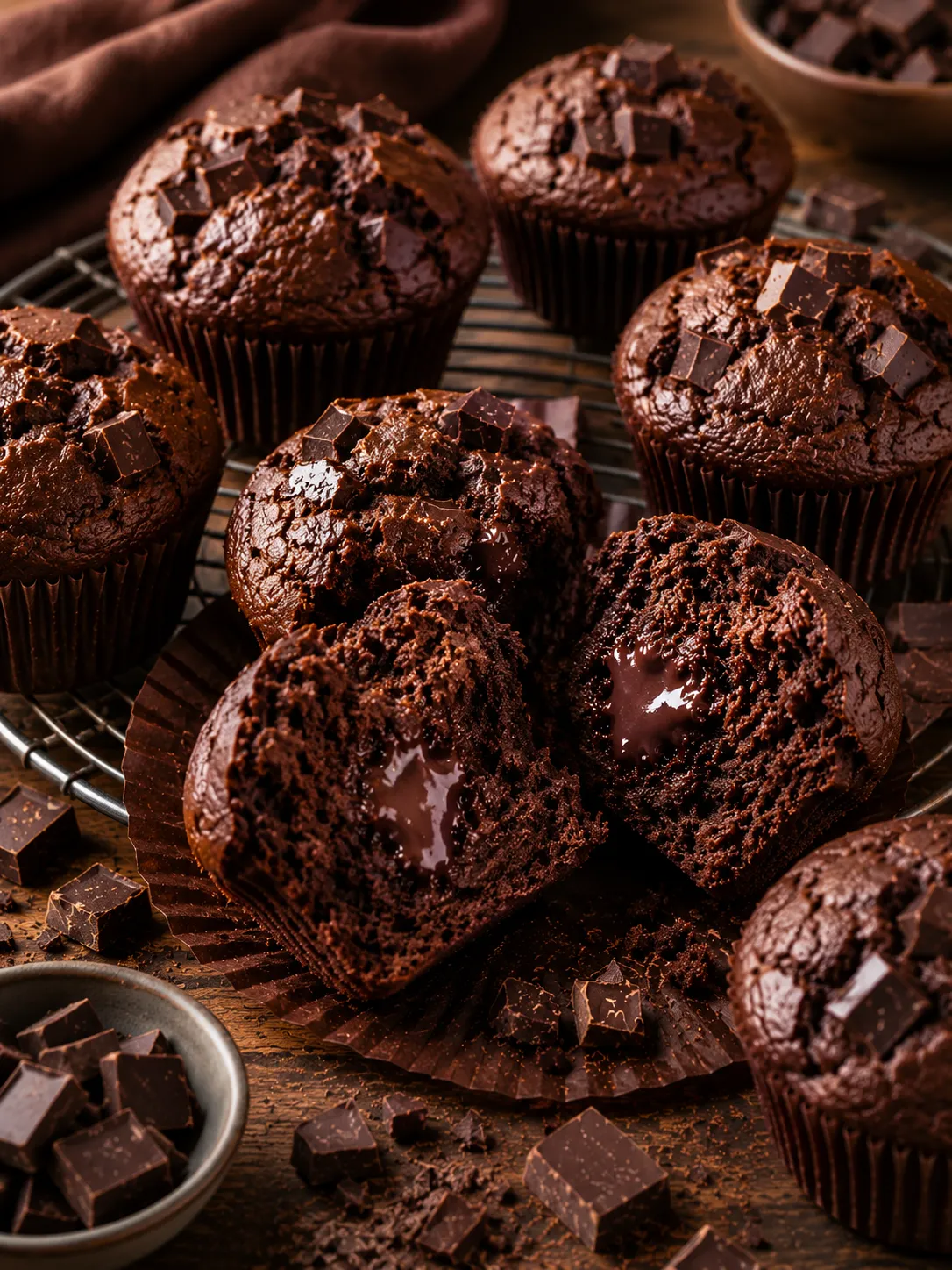 Schoko Muffins mit geschmolzener Schokolade und sichtbaren Schokoladenstücken