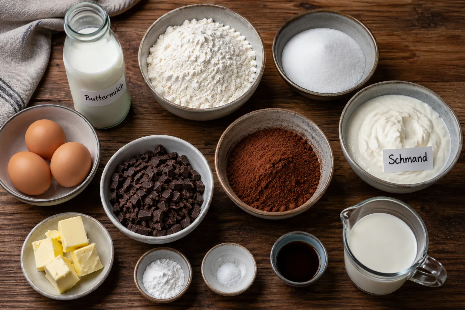 Zutaten für saftigen Schokokuchen mit Buttermilch, Schmand und Kakao