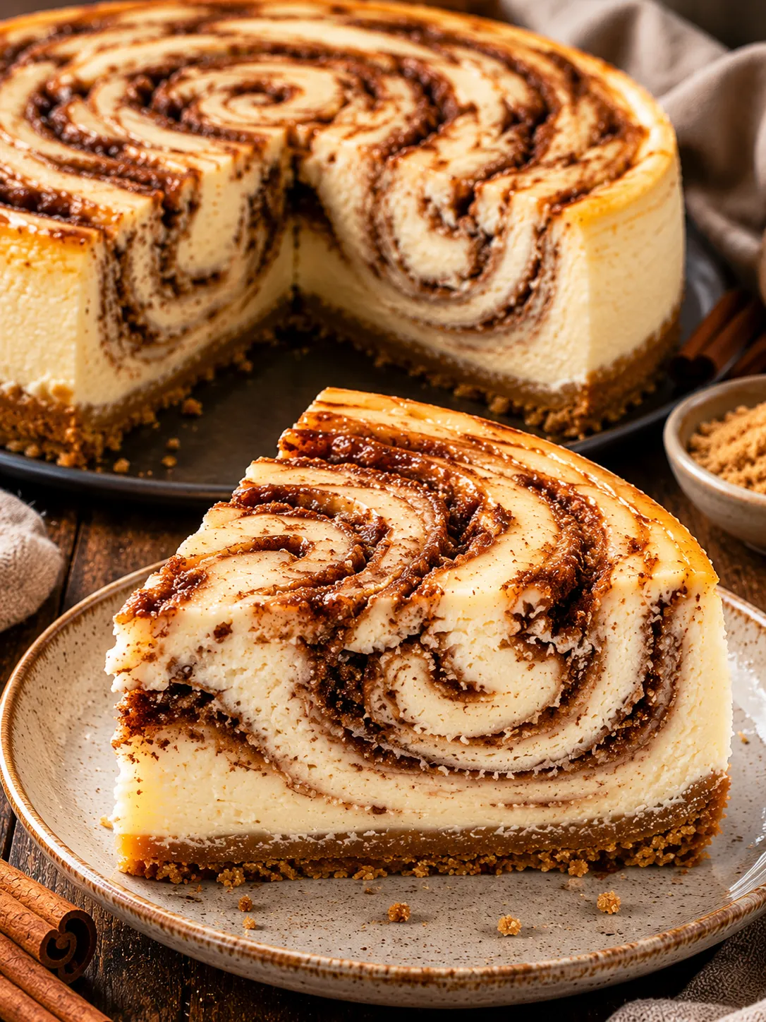 Zimtschnecken Käsekuchen mit sichtbaren Zimtwirbeln, cremiger Füllung und knusprigem Boden