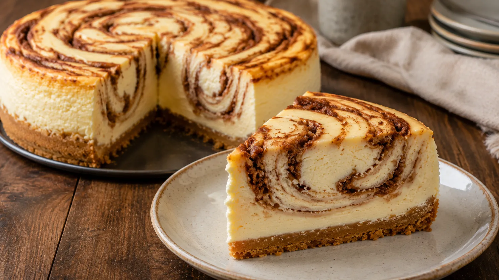 Anschnitt von Zimtschnecken Käsekuchen mit cremiger Füllung und sichtbaren Zimtwirbeln