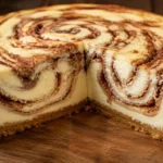 Zimtschnecken Käsekuchen mit cremiger Frischkäsefüllung, sichtbaren Zimtwirbeln und knusprigem Keksboden