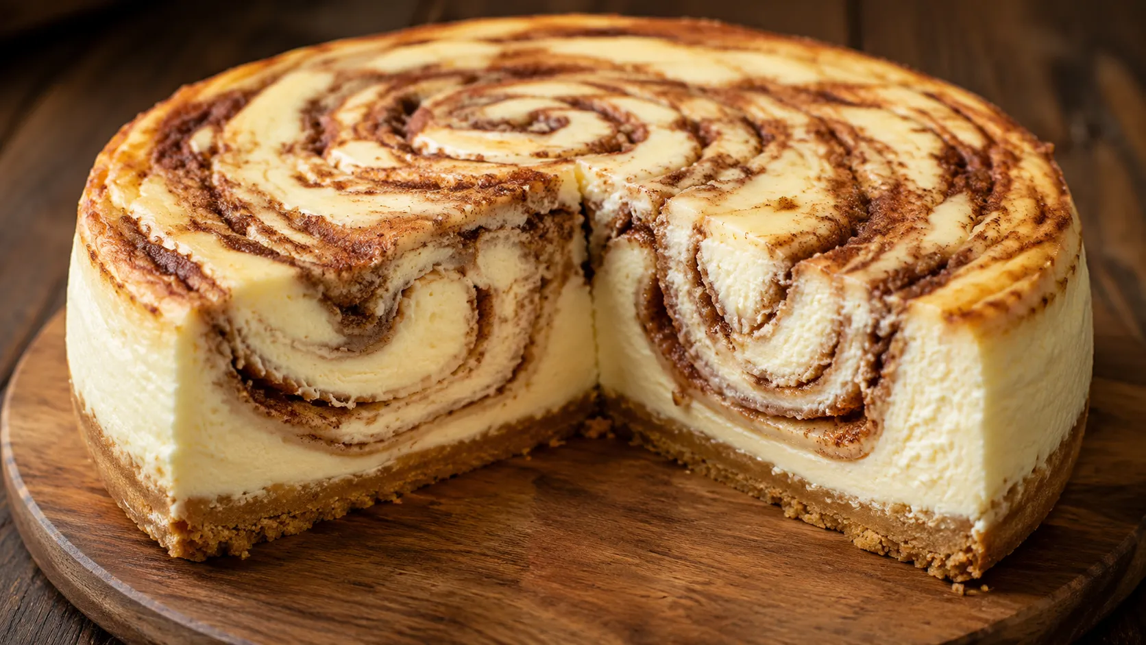 Zimtschnecken Käsekuchen mit cremiger Frischkäsefüllung, sichtbaren Zimtwirbeln und knusprigem Keksboden