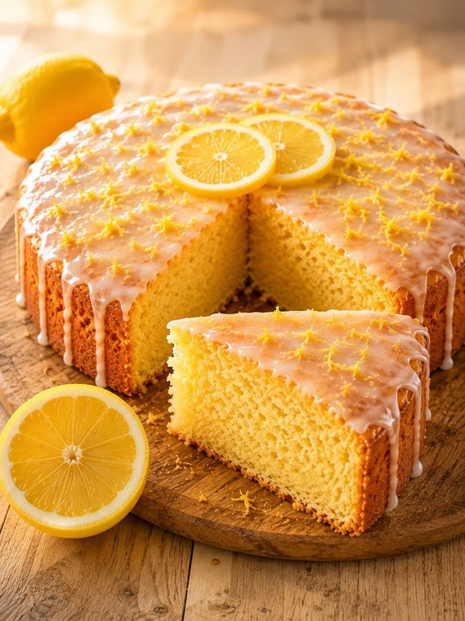 Hausgemachter Zitronen Joghurt Kuchen mit glänzender Zitronenglasur und lockerer Krume.
