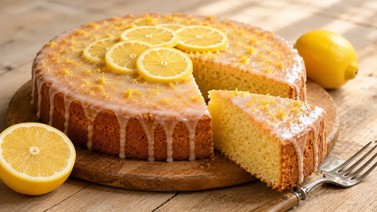 Lockerer Zitronen Joghurt Kuchen mit goldgelber Krume und glänzender Zitronenglasur.
