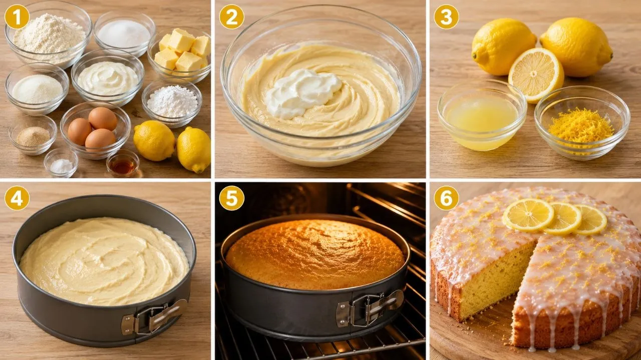 Schritt-für-Schritt Zubereitung für einen saftigen Zitronen Joghurt Kuchen.