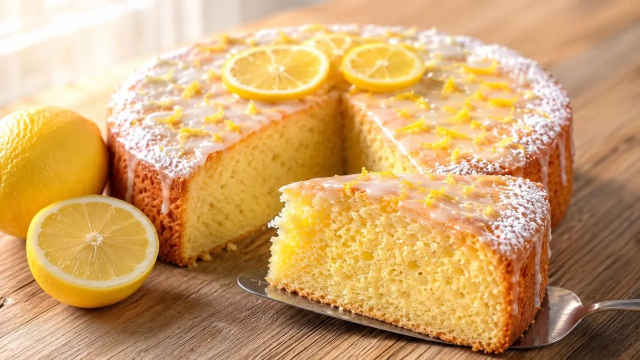 Saftiger Zitronen Joghurt Kuchen mit glänzender Zitronenglasur, lockerer goldgelber Krume und frischem Zitronenabrieb.