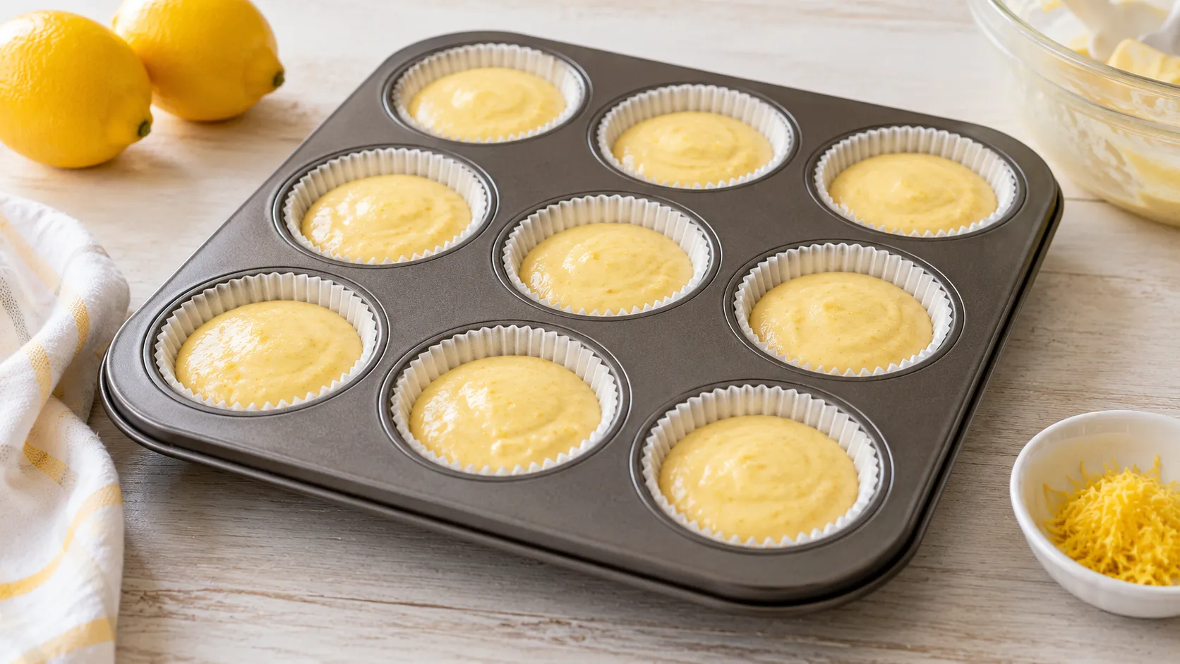 Zitronen Muffins vor dem Backen im Muffinblech