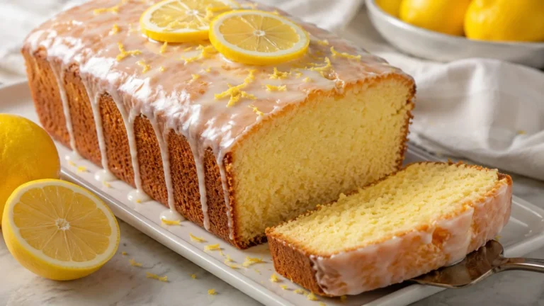 Saftiger Zitronenkuchen mit Glasur in Kastenform mit angeschnittener Scheibe und frischem Zitronenabrieb