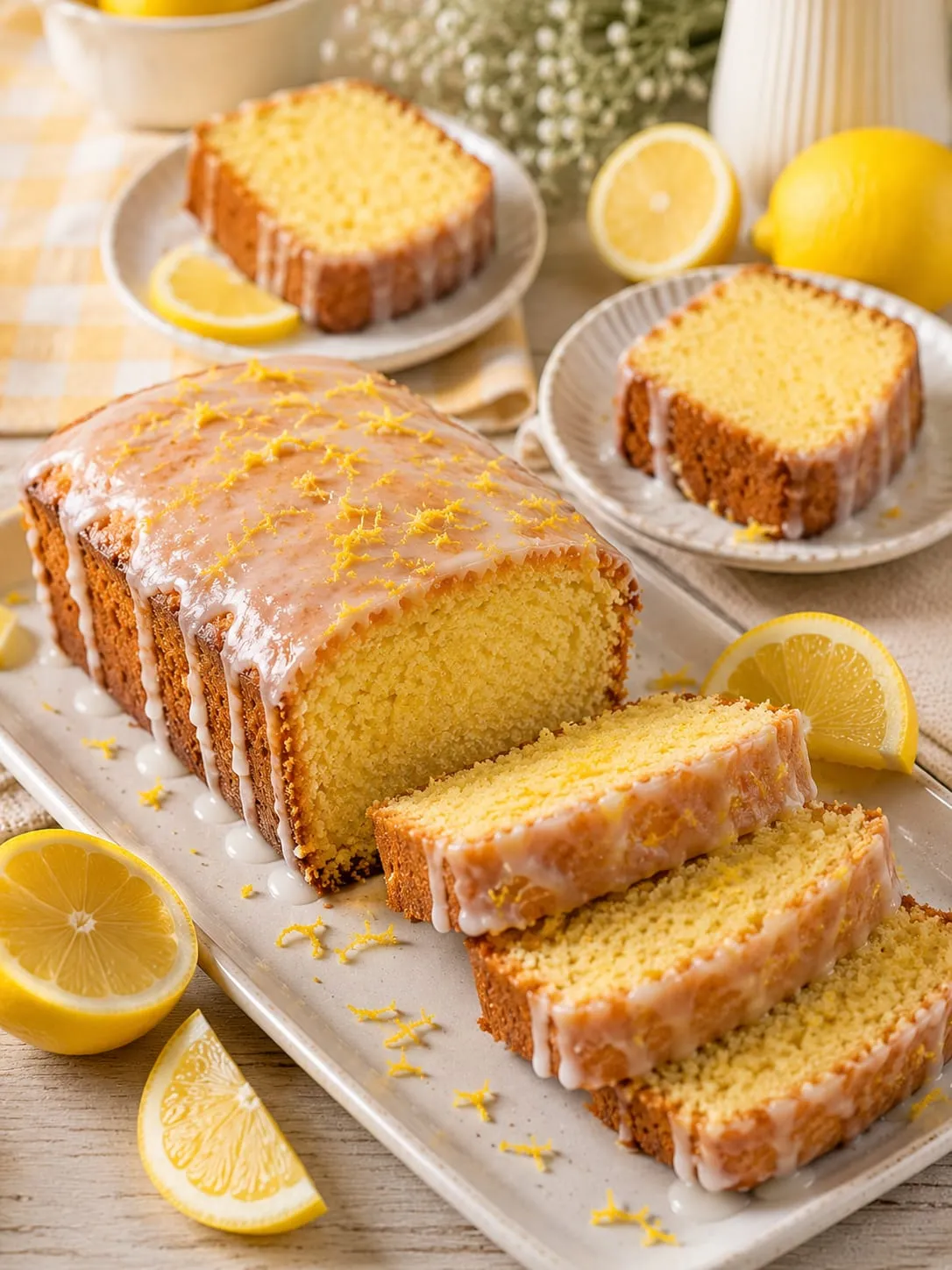 Mehrere Stücke Zitronenkuchen mit Glasur auf einem Tisch im deutschen Backstil