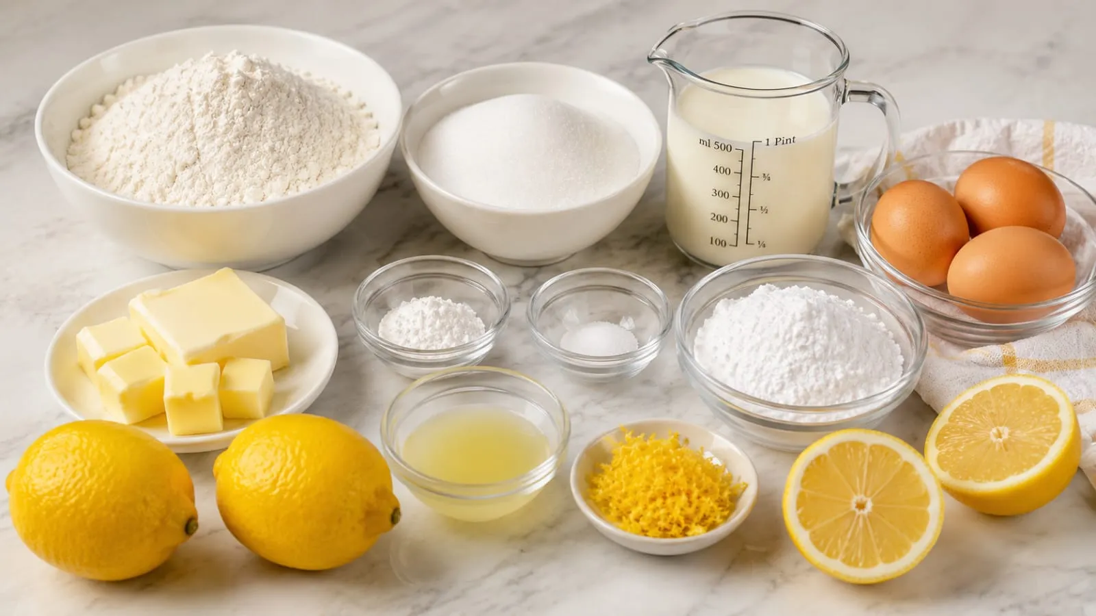 Zutaten für Zitronenkuchen mit Mehl Zucker Butter Eiern Milch Zitronen und Puderzucker