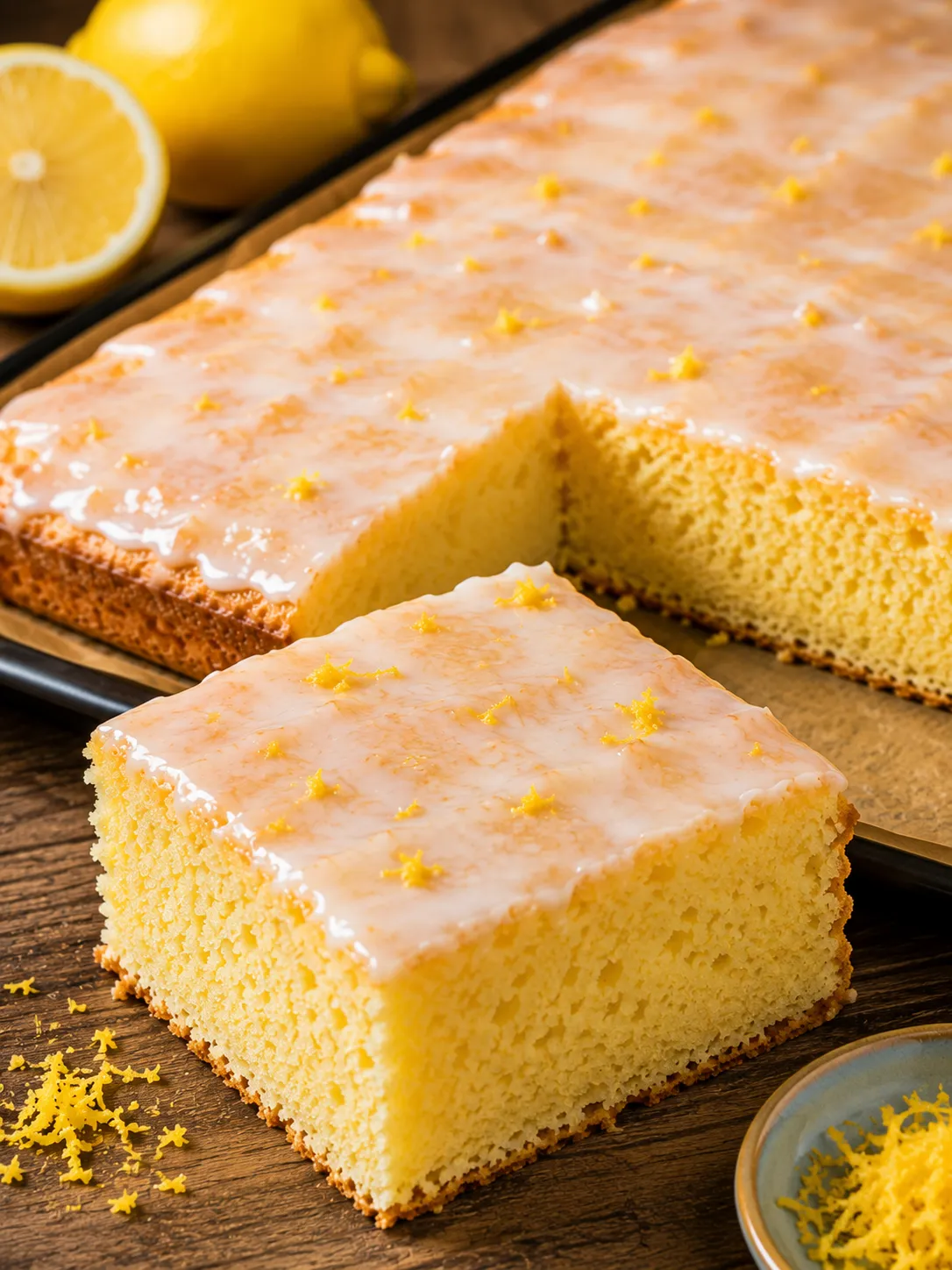 Zitronenkuchen vom Blech mit saftiger Krume und Zitronenglasur