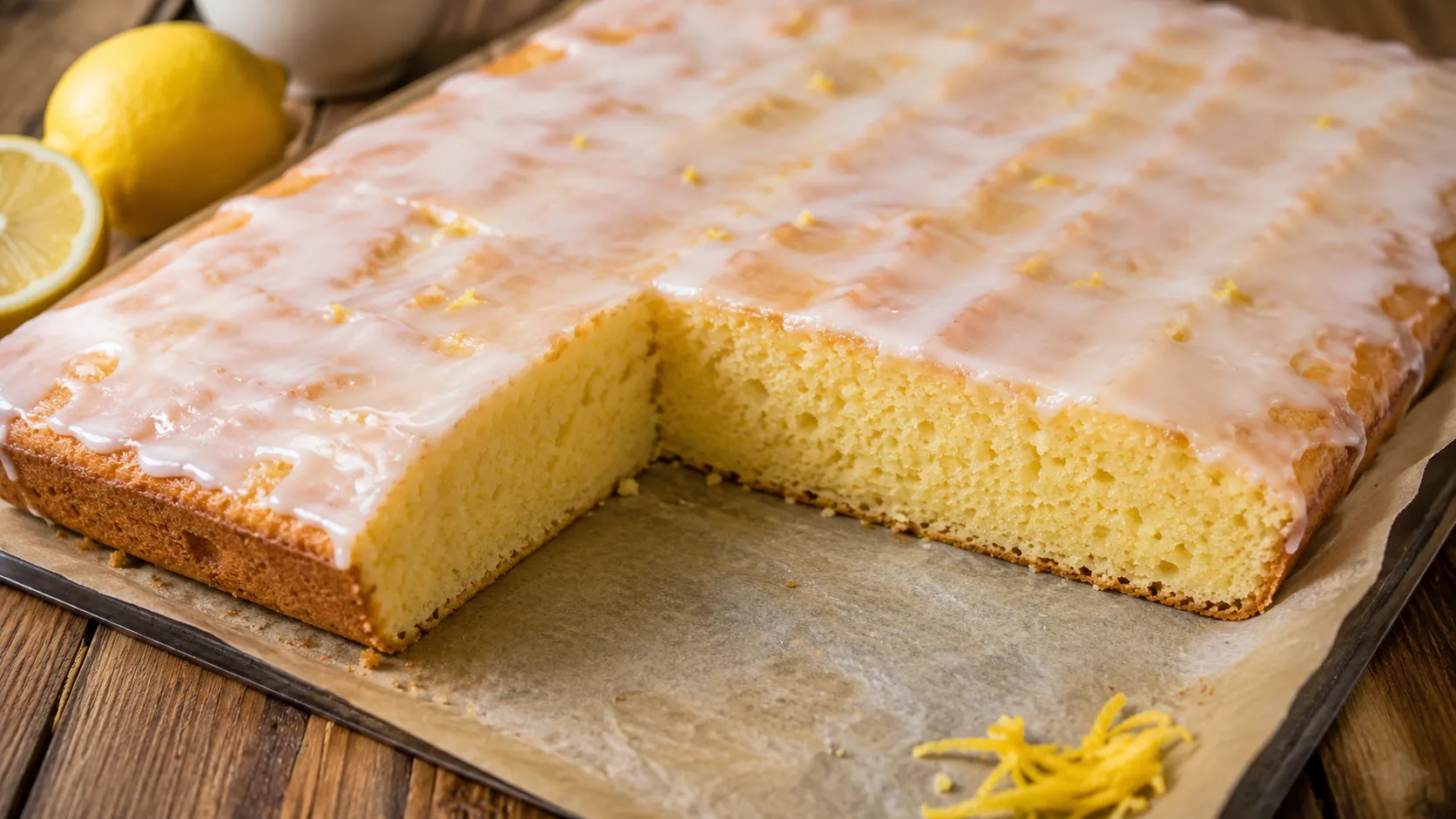 Saftiger Zitronenkuchen vom Blech mit frischer Zitronenglasur