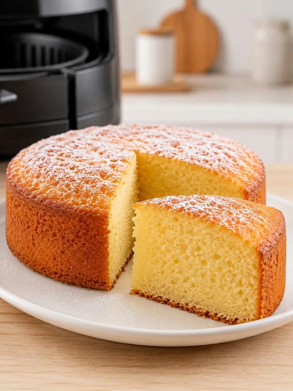 Kleiner Airfryer Kuchen mit einer großen Stücke im Vordergrund, heller Krume und goldener Oberfläche