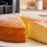 Saftiger Airfryer Kuchen mit goldener Kruste, heller Krume und einer Stücke vorne auf einem weißen Teller