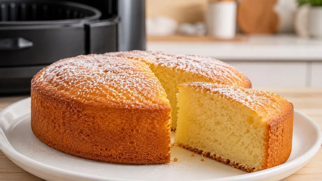 Saftiger Airfryer Kuchen mit goldener Kruste, heller Krume und einer Stücke vorne auf einem weißen Teller