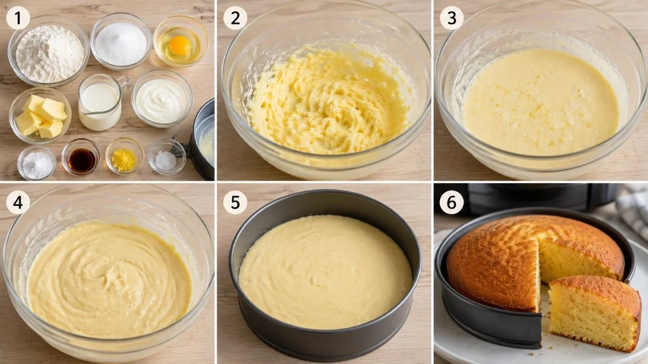 Schritt-für-Schritt Zubereitung für Airfryer Kuchen mit Zutaten, Rührteig, Backform und fertig gebackenem Kuchen