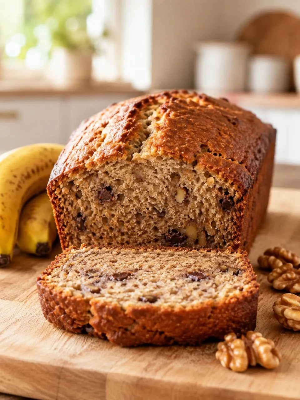 Hausgemachtes Bananenbrot mit angeschnittener Scheibe, Walnüssen und reifen Bananen
