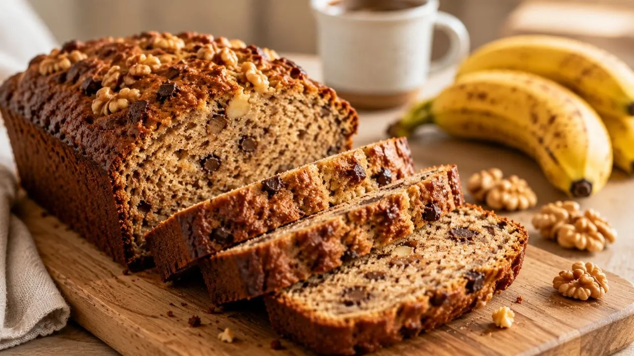 Angeschnittenes Bananenbrot mit saftiger Krume, Walnüssen und goldbrauner Kruste