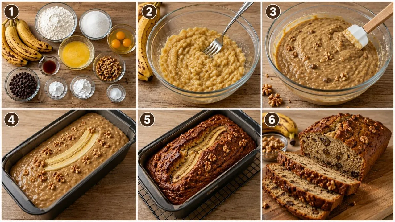 Schritt-für-Schritt Zubereitung für Bananenbrot mit Zutaten, Teig, Backform und fertigem Kuchen