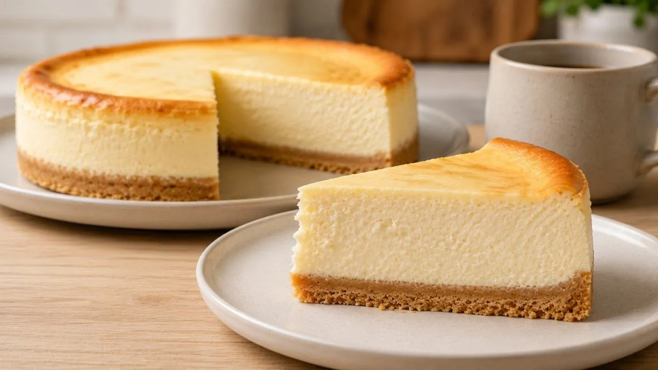 Cremiger Käsekuchen aus dem Airfryer mit Keksboden und einem Stück auf einem Teller vor dem restlichen Kuchen