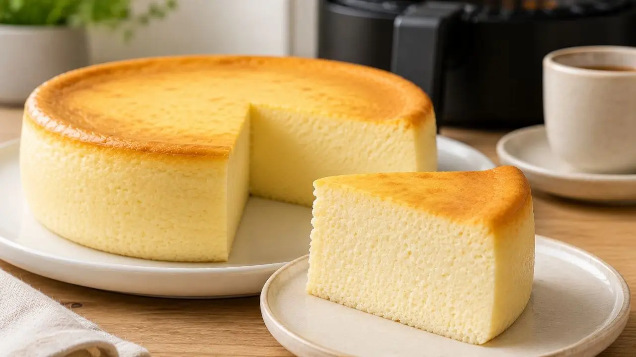 Cremiger Käsekuchen ohne Boden aus dem Airfryer mit hellem Anschnitt, goldener Oberfläche und einem Stück auf einem Teller