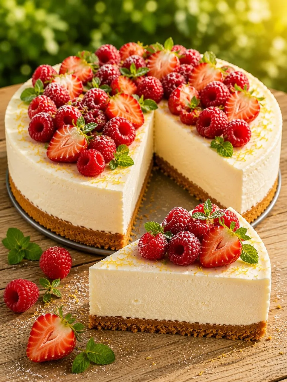 Hausgemachter Frischkäse Kuchen ohne Backen mit frischen Beeren