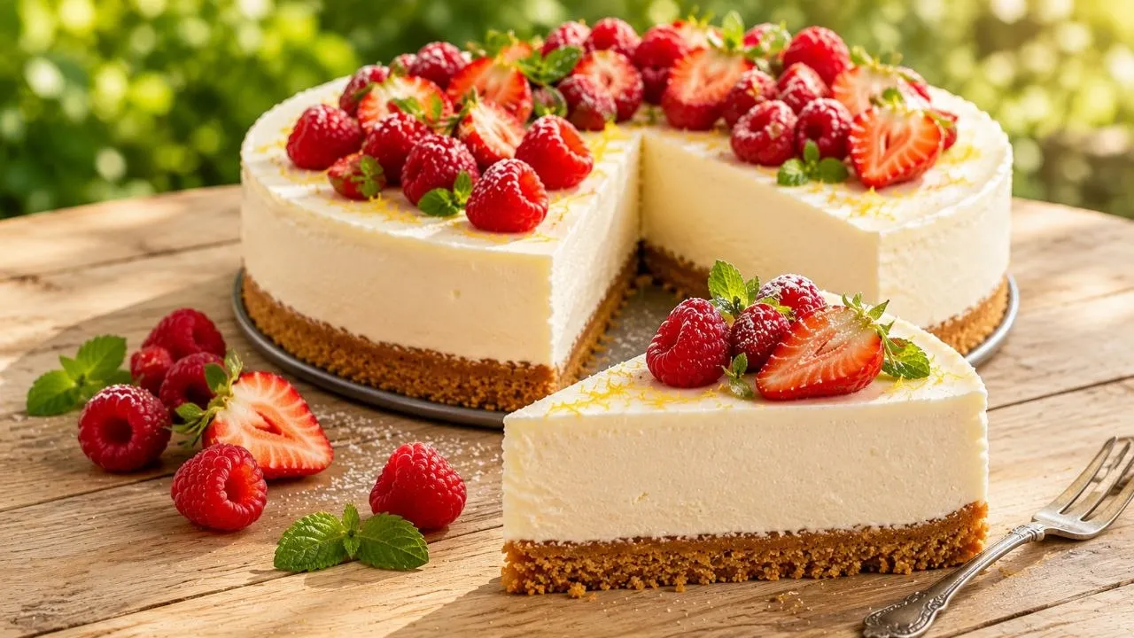 Angeschnittener Frischkäse Kuchen ohne Backen mit cremiger Frischkäsefüllung