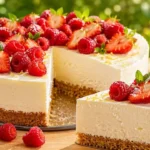 Frischkäse Kuchen ohne Backen mit cremiger Frischkäsefüllung und knusprigem Keksboden