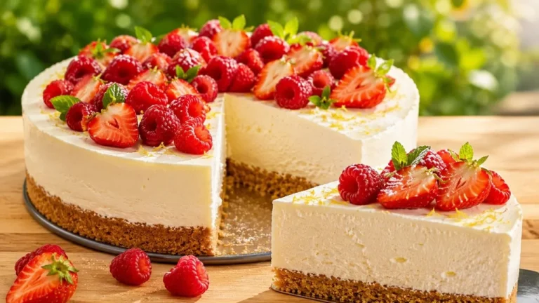 Frischkäse Kuchen ohne Backen mit cremiger Frischkäsefüllung und knusprigem Keksboden