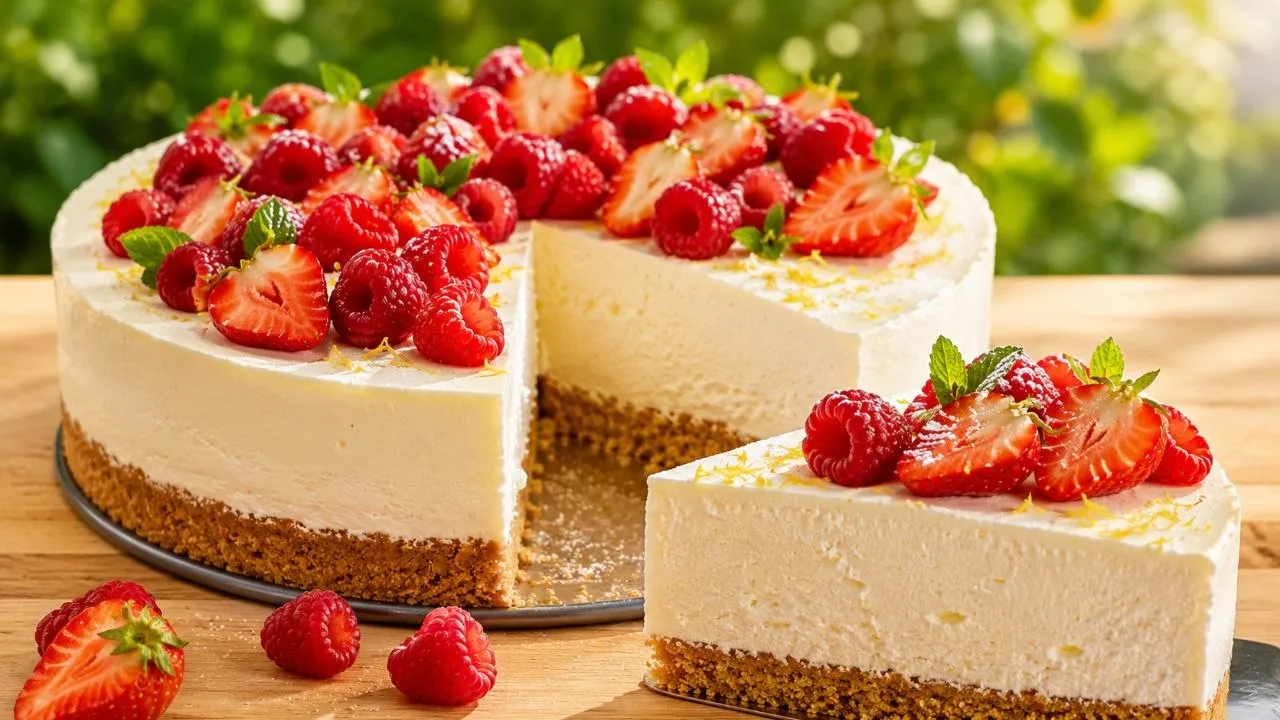 Frischkäse Kuchen ohne Backen mit cremiger Frischkäsefüllung und knusprigem Keksboden