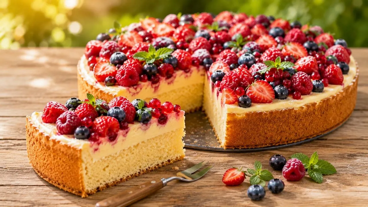 Saftiger Fruchtiger Kuchen mit Vanille-Puddingcreme und Sommerbeeren