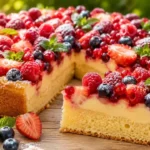 Fruchtiger Kuchen mit Vanille-Puddingcreme und frischen Sommerbeeren