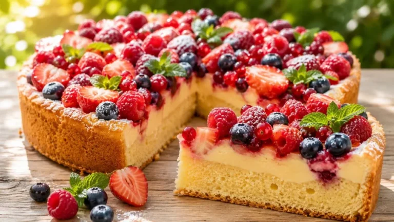 Fruchtiger Kuchen mit Vanille-Puddingcreme und frischen Sommerbeeren