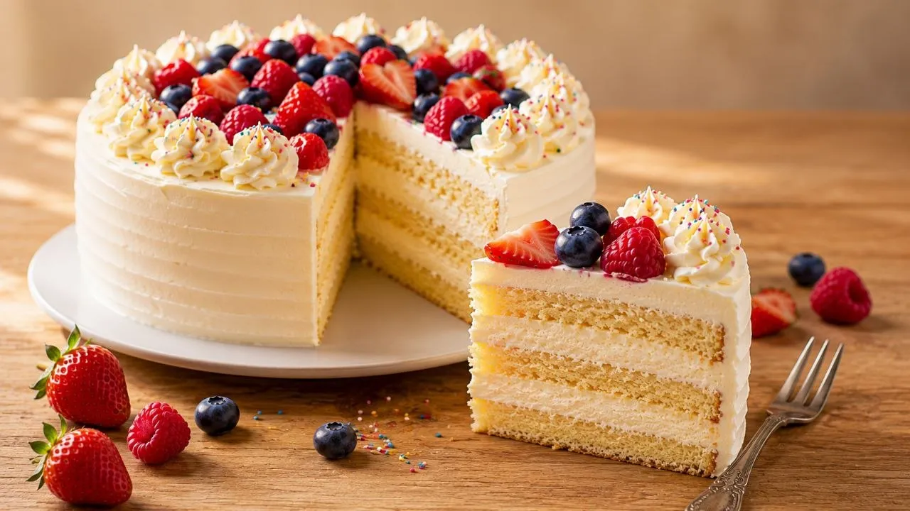 Angeschnittener Geburtstagskuchen mit cremiger Vanille-Sahnefüllung und frischen Beeren.