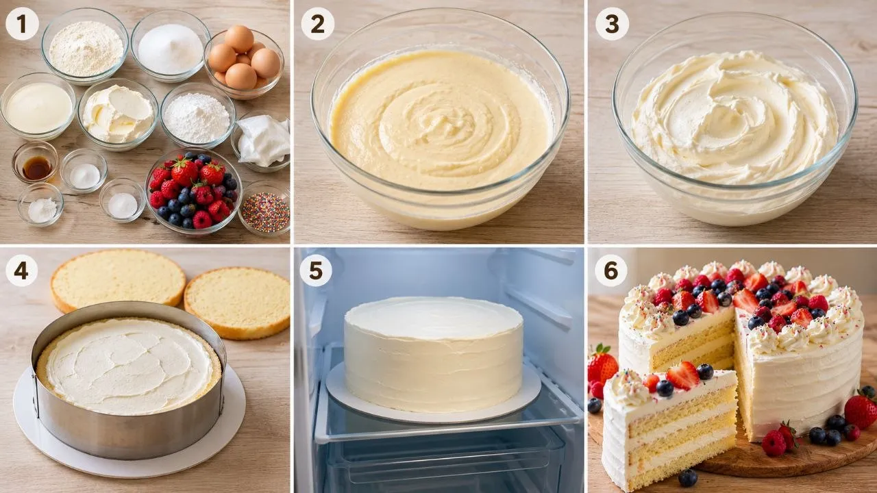 Schritt-für-Schritt Zubereitung eines Geburtstagskuchens mit Biskuit und Vanille-Sahnecreme.