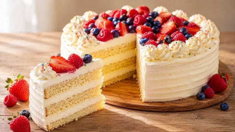 Hausgemachter Geburtstagskuchen mit luftigem Vanille-Biskuit, cremiger Vanille-Sahnefüllung und frischen Beeren.