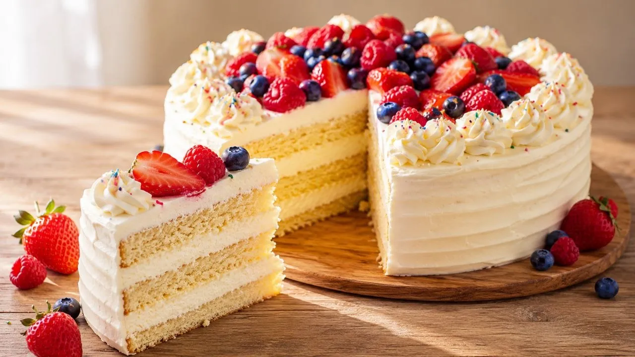 Hausgemachter Geburtstagskuchen mit luftigem Vanille-Biskuit, cremiger Vanille-Sahnefüllung und frischen Beeren.