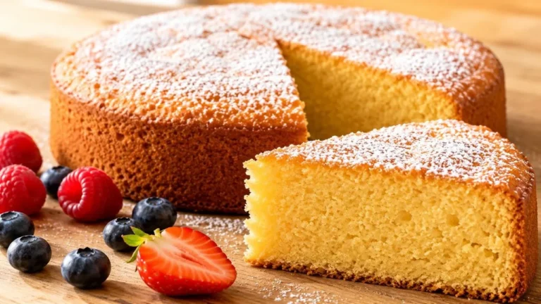 Glutenfreier Kuchen mit lockerer goldgelber Krume und feinem Puderzucker