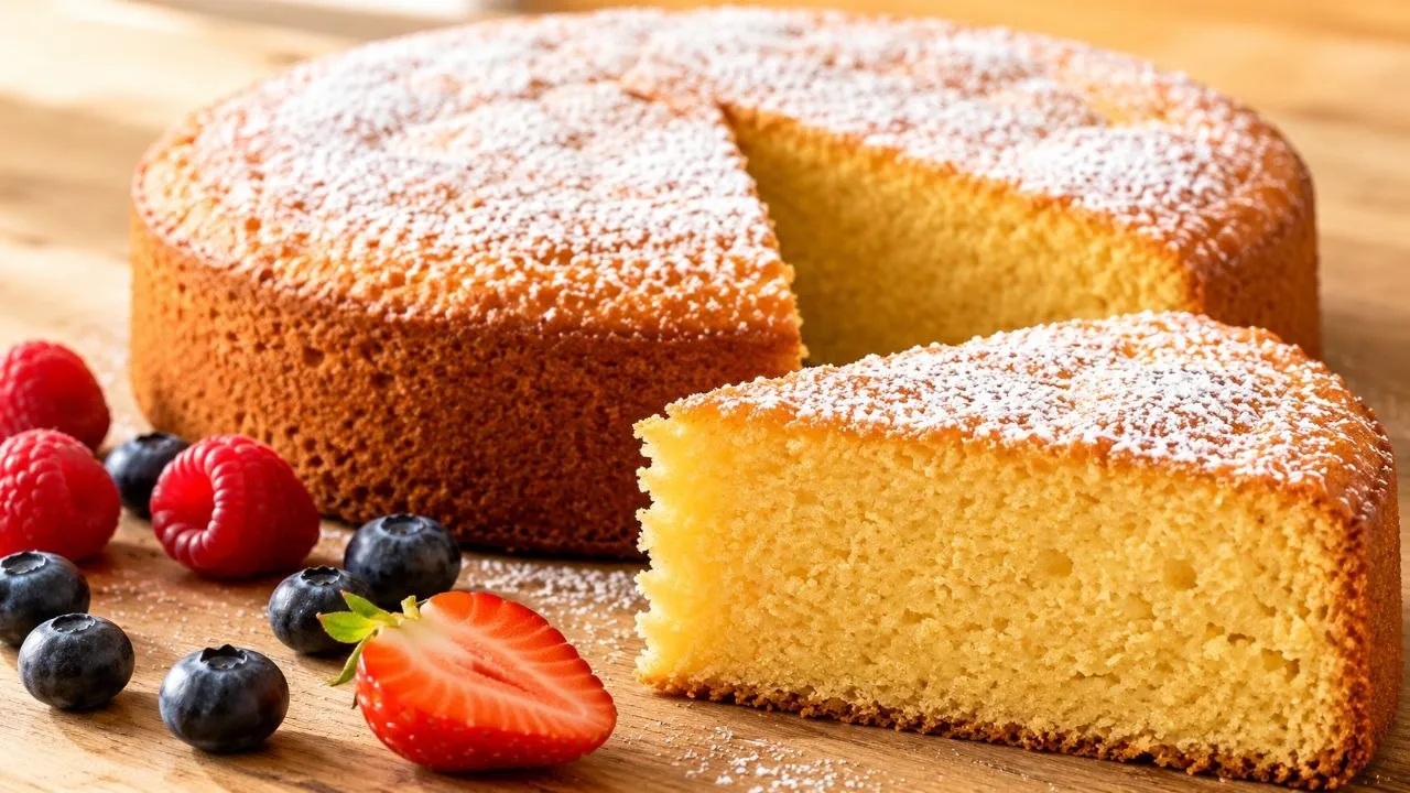 Glutenfreier Kuchen mit lockerer goldgelber Krume und feinem Puderzucker