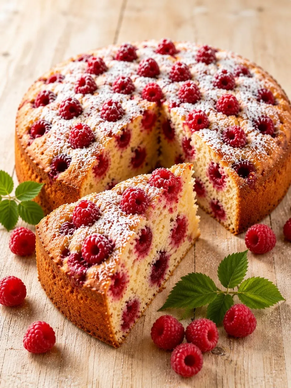Hausgemachter Himbeerkuchen mit frischen Himbeeren und lockerem Rührteig.