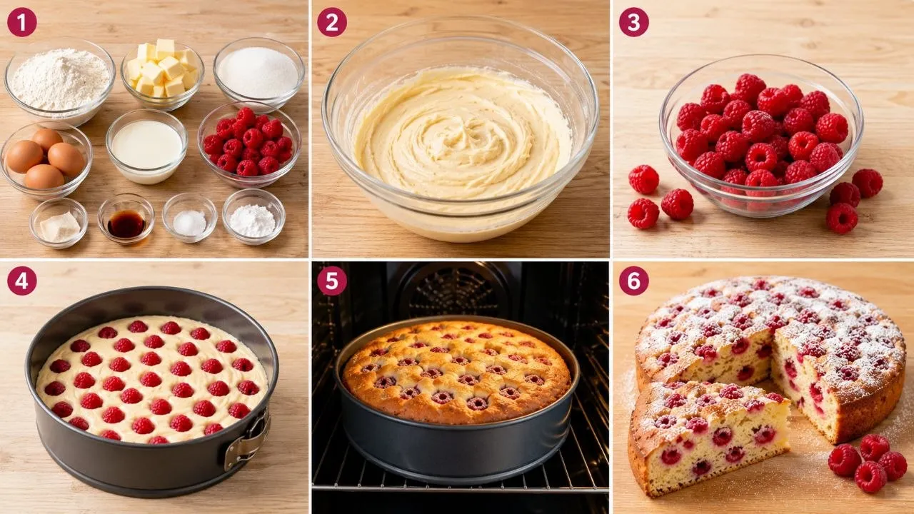 Schritt-für-Schritt Zubereitung für einen saftigen Himbeerkuchen mit Rührteig.