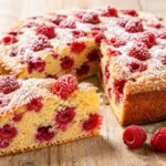 Saftiger Himbeerkuchen mit frischen Himbeeren, lockerem Rührteig und feinem Puderzucker.