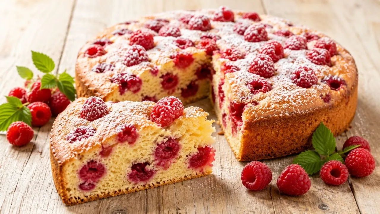 Saftiger Himbeerkuchen mit frischen Himbeeren, lockerem Rührteig und feinem Puderzucker.