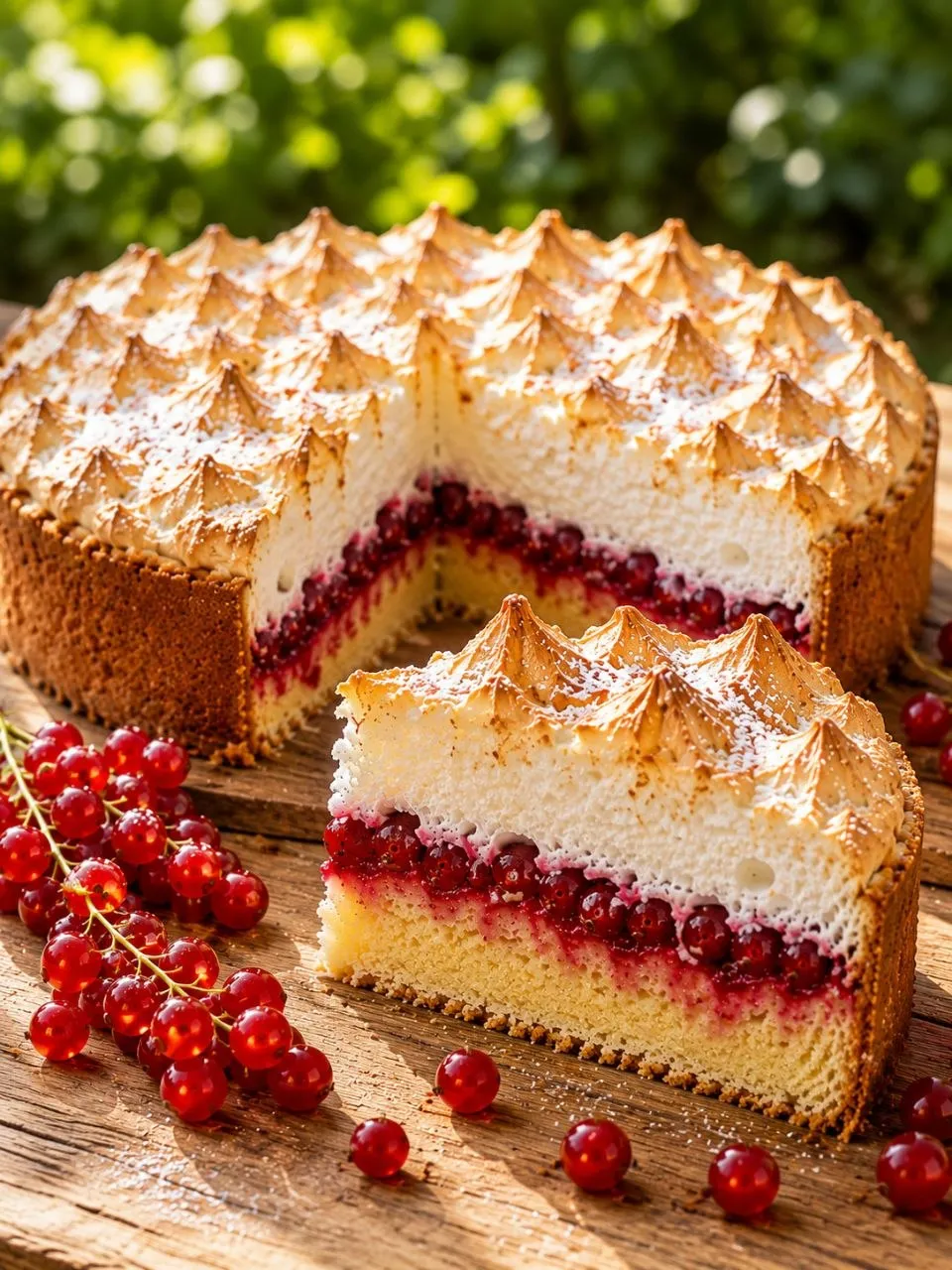 Hausgemachter Johannisbeerkuchen mit Baiserhaube aus Vanille-Rührteig und frischen roten Johannisbeeren.
